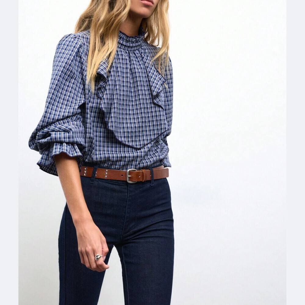 Navy Plaid Ruffle Bib Stand Collar Blouse with Flounce Cuffs